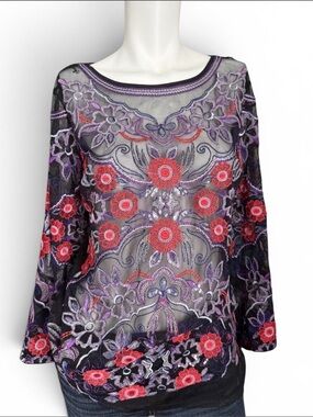 NWT International Concepts Embroidered Mesh‎ Floral Top Size M